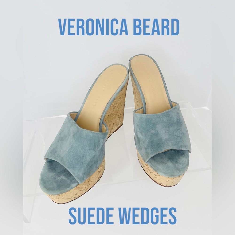 Veronica Beard Dali Suede Cork Wedge Sandals in Blue Size 7.5